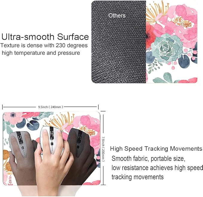 Mouse Pad, Premium-Textured Mouse Mat, Non-Slip Rubber Base Mousepad for Laptop, Computer & PC,9.5×7.9 in,Pink Green Flower