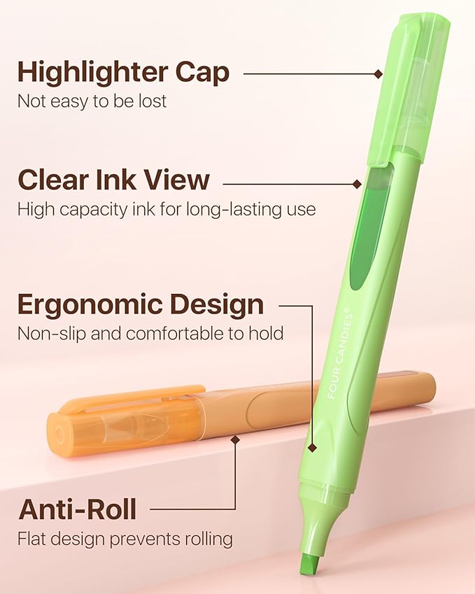 Four Candies Highlighters Assorted Colors, Liquid Highlighter with Clear View Design, Soft Chisel Tip, Classic Colors, 10 Pcs No Bleed Cute Highlighters