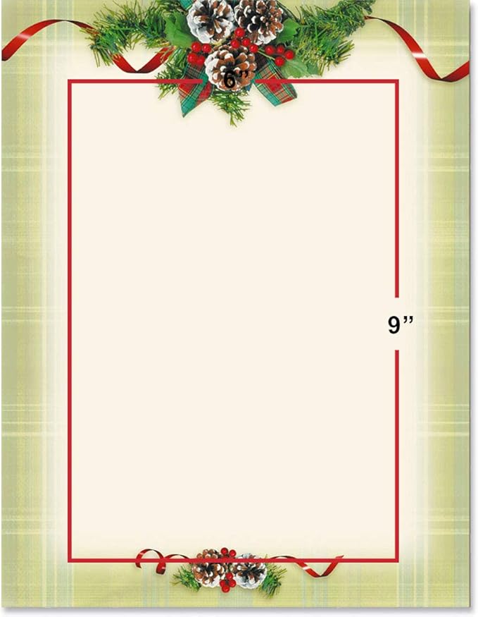 PaperDirect Natural Plaid Holiday Charm Border Paper, 8.5x11 Festive Stationery with Pine Boughs, Ribbons & Plaid Design for Cards, Invites, Scrapbooks & Seasonal Projects, 100 Sheets