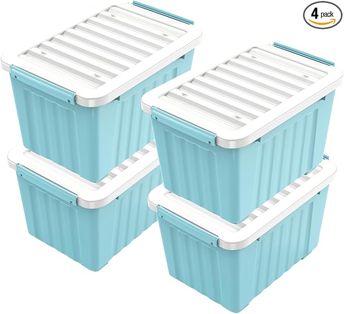 Nazhura 97 Quart Plastic Storage Bin, Blue Stackable and Nestable Storage Boxes with White Lids and Secure Latching Buckles, Large Storage Container, 97 Qt-4 Pack (Blue, 97Quart-4Pack)