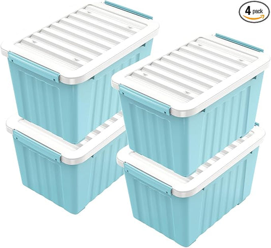 Nazhura 97 Quart Plastic Storage Bin, Blue Stackable and Nestable Storage Boxes with White Lids and Secure Latching Buckles, Large Storage Container, 97 Qt-4 Pack (Blue, 97Quart-4Pack)