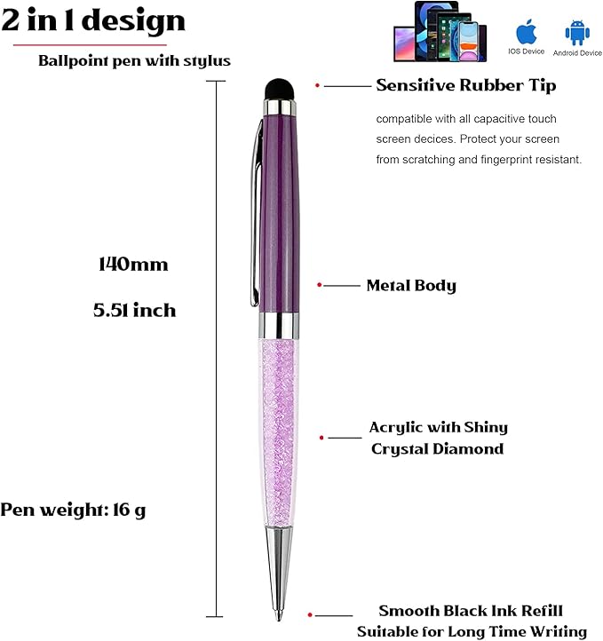 Ancolo Personalized Business Pens Beautiful Crystal-Custom Advertising Massage - Engraved Team Name, Phone Number, Slogan Perfect for Bank, Office, Hotel Lobbies - 10 Pens/Box (Purple)
