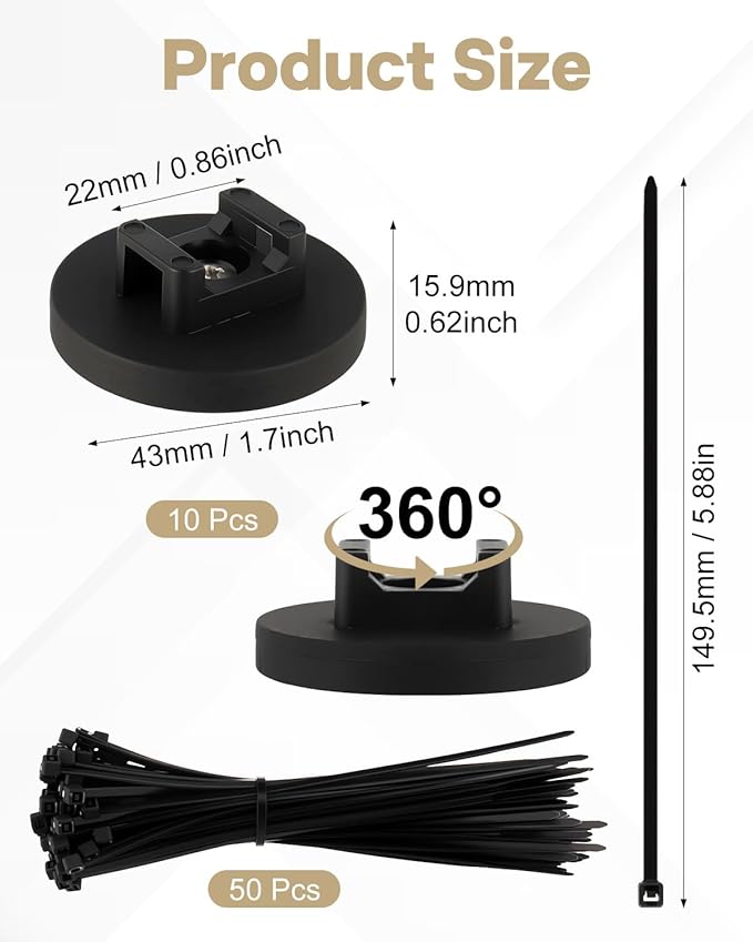 Magnetic Zip Tie Mount Wire Cable Holder, Include 10 Pcs 43mm Magnetic Cable Zip Tie Base with 50 Pcs Heavy Duty Zip, Multipurpose Wire Clips Management Base, Black
