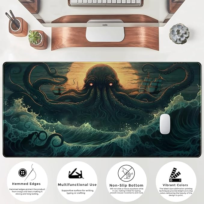 Octopus Anime Desk Pad Ocean Large Mouse Pad Gaming, Extended Kanagawa Desk Mat Pad XL Mousepad 31.5" X 15.7 ", with Anti-Slip Desk Keyboard Stitched Edges Long Computer Keyboard Mat