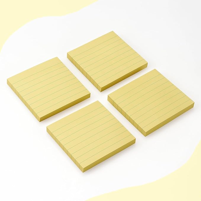 Lined Sticky Notes 3x3 Sticky Notes with Lines Self-Stick Notes Bright Color 4 Pads 90 Sheets/Pad (Yellow)
