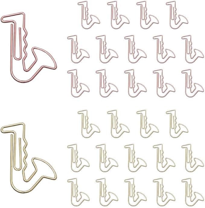 OWLFAVO 30pcs Saxophone Shape Paper Clips with Clear Box, Rose Gold and Yellow Gold, Funny Cute Paperclips Bookmarks Planner Clips for Fun Office Supplies School Gifts Wedding Decoration