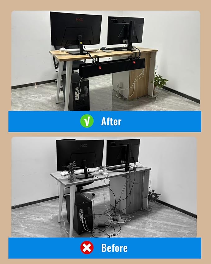 No Drill Cable Management Under Desk, 48" Cord Organizer for Table, Clamp/Screw Mount Cable Tray, Premium Black Fabric Desk Cord Management Tray for Office, Home (Extra Large (48 Inch))