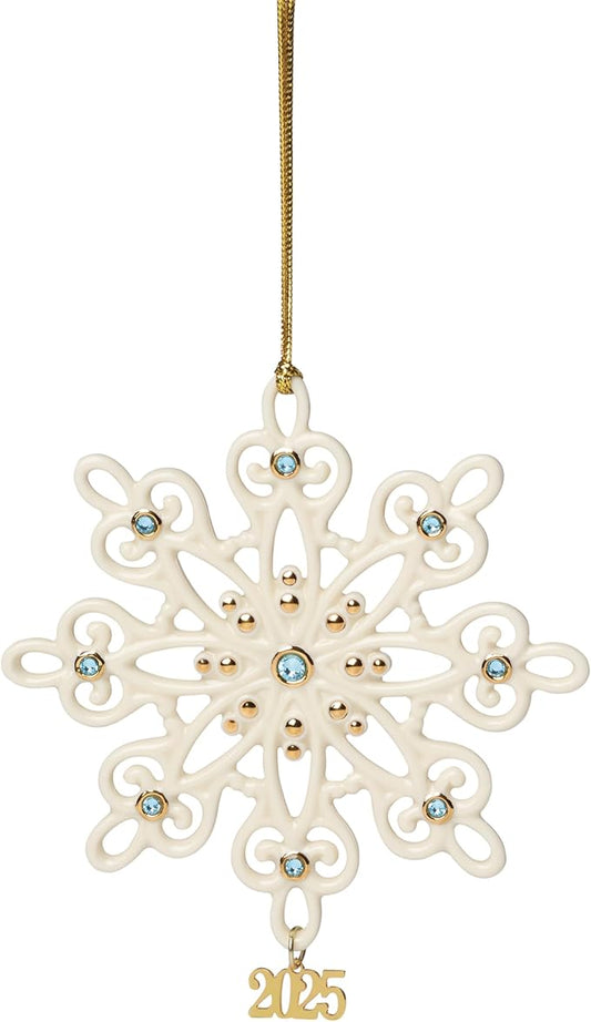 Lenox Ornament, 2025 Gemmed Snowflake Ornament, Porcelain with Gold Accents and Blue Gemstones, Christmas Tree Decorations, Christmas Decoration, Gold Cord for Hanging Included (Cream, 1 Piece)