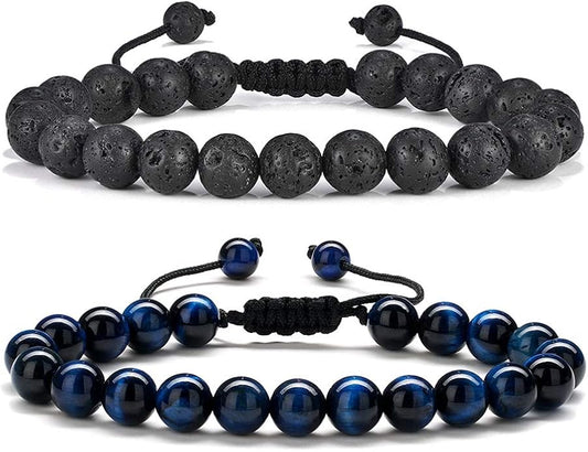 M MOOHAM Natural Stone Bracelets for Men - 8mm Tiger Eye | Matte Agate | Lava Rock Bracelets for Men Teen Boys Gifts Birthday Anniversary Christmas Gifts for Men Teens