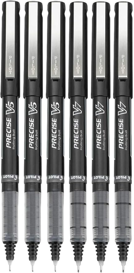 Precise V5/V7 Stick Rolling Ball Pens, Fine and Extra Fine Point, Assorted Points Black Ink, 6-pk; Bundle with Plastic Reusable Pouch