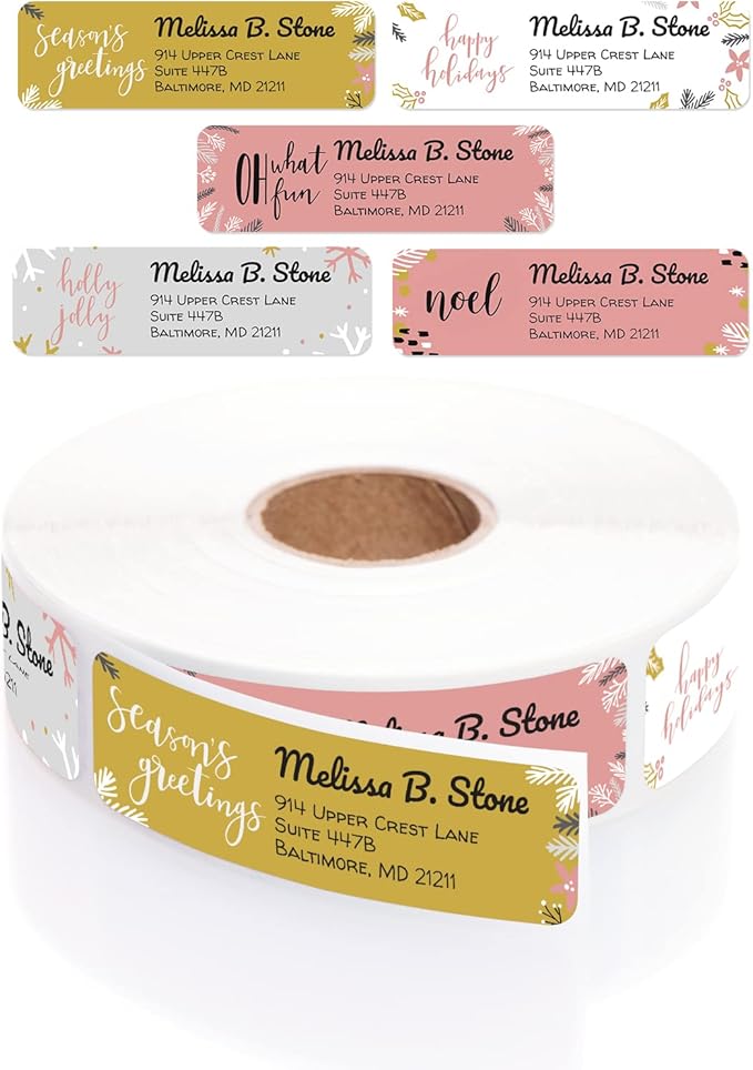 Colorful Holiday Sayings Rolled Address Label/Roll of 500 Adorable Christmas Personalized Address Labels/Designer Return Address Stickers in Elegant Plastic Dispenser