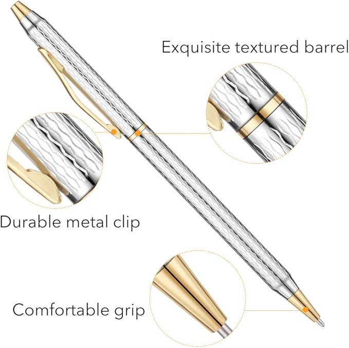Unibene Slim Metallic Retractable Ballpoint Pens - Carved Chrome & Gold, Nice Gift for Business Office Students Teachers Wedding Christmas, Medium Point(1 mm) 6 Pack-Black ink
