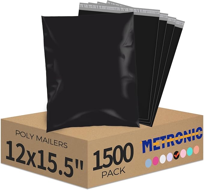 Metronic Poly Mailers 12x15.5 1500 Pack Black, Medium Size Shipping Bags Bulk Mailing Envelopes for Small Business, Mailers Poly Bags for Shipping Self Seal Waterproof, Mailing Bag Packaging Bags