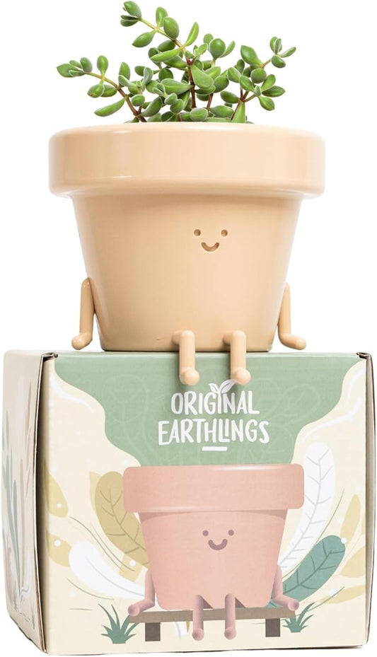 Original Earthlings Sitting Small Plant Pot - 3.5 Inch Cute Plant Pot - Succulent & Cactus Christmas Planters, Removable Drainage Plug, Cute Decor Plant Gifts for Plant Lovers, Teacher Gifts