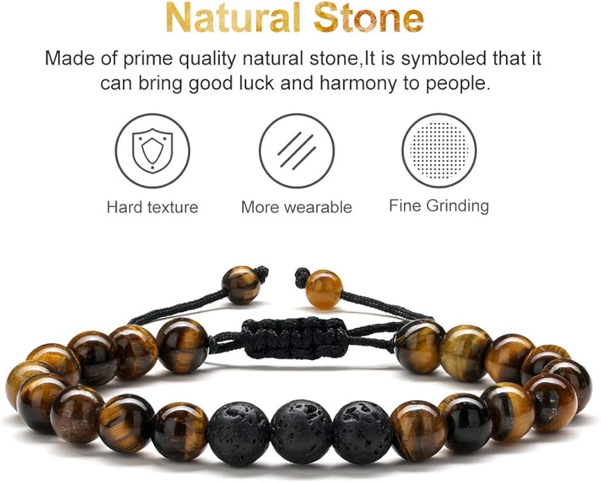 M MOOHAM Natural Stone Bracelets for Men - 8mm Tiger Eye | Matte Agate | Lava Rock Bracelets for Men Teen Boys Gifts Birthday Anniversary Christmas Gifts for Men Teens