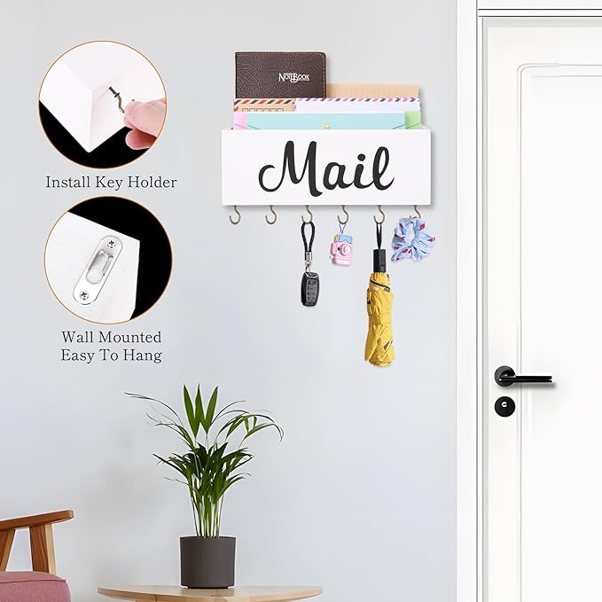 Mail Organizer Countertop, Mail Organizer Wall Mounted With Key Holder, Mail Holder For Wall, Mail Sorter Organizer, Letter Organizer, Mail Basket, Mail Tray, Letter Holder For Desk (White)