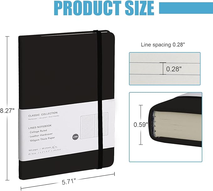 Lined Journal Notebook, (Black), 160 Pages, Medium 5.7 inches x 8 inches - 100 gsm Thick Paper, Hardcover