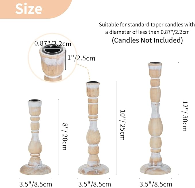 NUPTIO Candlestick Holders Wood for Home: Set of 3 Tall Farmhouse Taper Candle Holders Mantel Decor