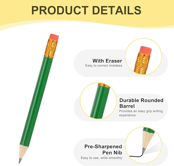 MECCANIXITY Golf Pencils with Erasers, 4" HB Mini Half Pencils Pre Sharpened Small Pens for Wedding Bridal Shower Game Office Writing Drawing(Green, Pack of 20)