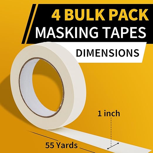 Masking Tape 1 Inch Wide, 4 Pack Painters Tape, Strong Adhesive Labeling Tape, Beige White, 55 Yards per Roll (220 Total Yards) for Home, Office, Labeling, School, DIY, and Crafts