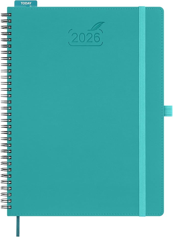 BEZEND 2026 Planner Weekly and Monthly (8.5" x 11" Spiral) Daily Calendar with Half-Hourly Timeslots & Tab (Jan-Dec) Note & Expenses, Pen Holder, Inner Pocket, Vegan Leather Softcover - Turquoise