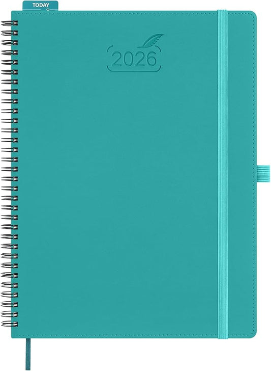 BEZEND 2026 Planner Weekly and Monthly (8.5" x 11" Spiral) Daily Calendar with Half-Hourly Timeslots & Tab (Jan-Dec) Note & Expenses, Pen Holder, Inner Pocket, Vegan Leather Softcover - Turquoise