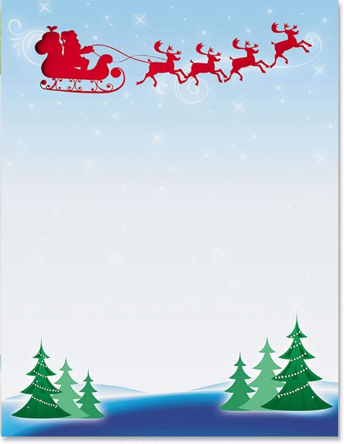 PaperDirect Red Flying Santa Sleigh Border Paper, Santa Sleigh Over Trees with Snowflake Background, 8.5 x 11, Acid-Free, Ideal for Invitations, Flyers, Crafts, Holiday Events, Cards, 25 Sheets