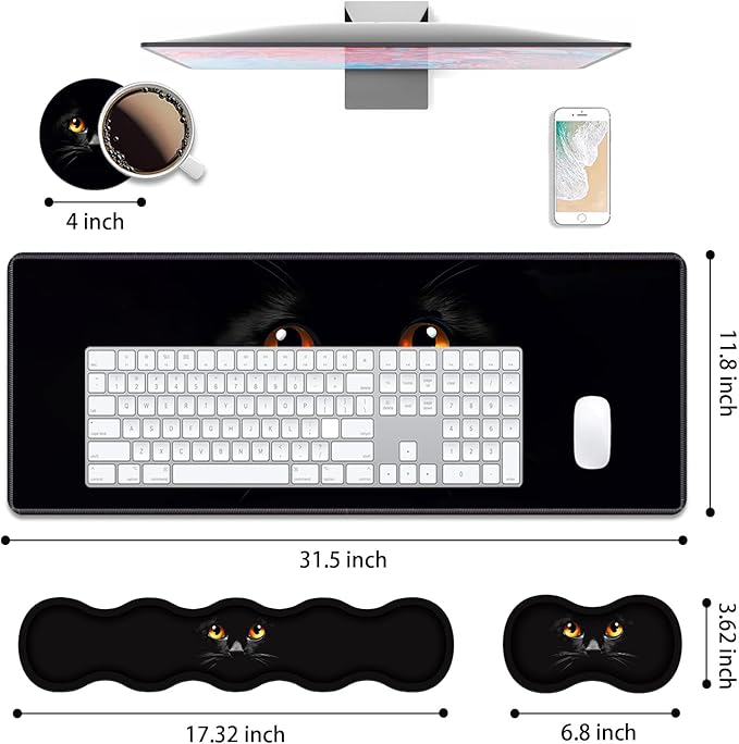 4 in 1 Ergonomic Keyboard Wrist Rest & Mouse Pad Wrist Rest Set, Large XXL Gaming Desk Mat 31.5"x 11.8" with Non-Slip Base, Memory Foam for Home Office Study Gaming, Black Cat Face