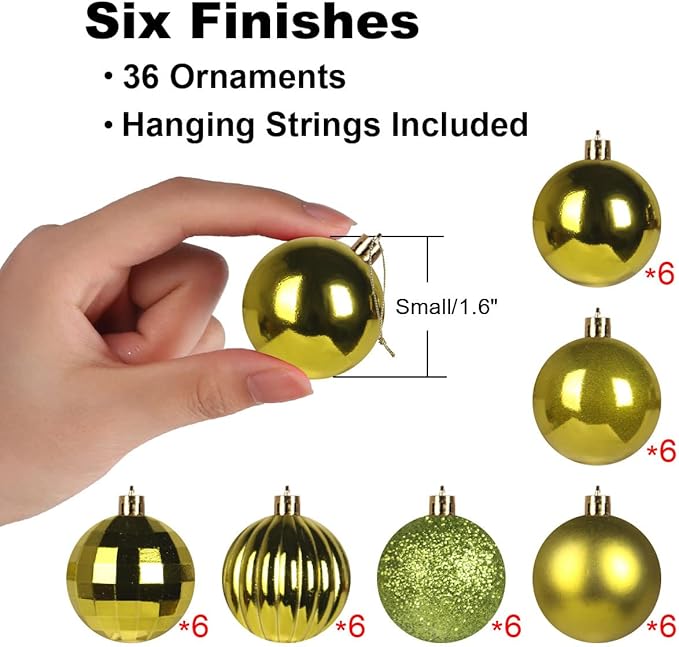Lime Green 1.6" Small Christmas Balls Christmas Tree Decoration Ornaments Shatterproof Hanging Balls for Birthday Halloween Holiday Wedding Decorations Set of 36pcs