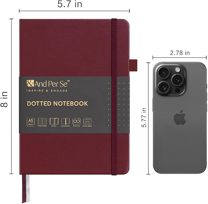 &And Per Se Dotted Journal Notebook, A5 Hardcover Leather Bullet Dotted Journal, 160 Pages 100 gsm Thick Paper，3 Sheets of Stickers Included - 5.7'' x 8''（Dark Red）