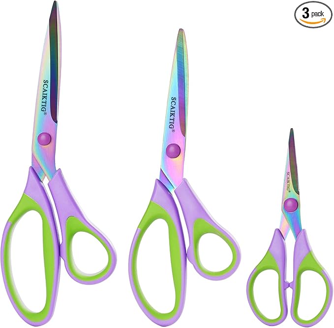 Scissors All Purpose, Sharp Titanium Blades Shears, Rubber Soft Grip Handle, Multipurpose scissors 3 pack, Great for Office, Fabric, Craft, Sewing, Arts, School and Home Supplies, Green