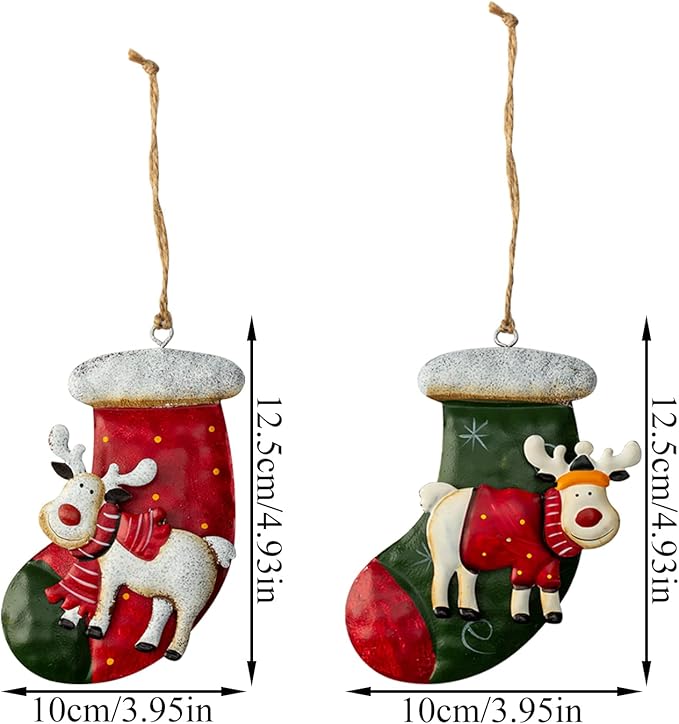 Metal Christmas Tree Ornaments 6-Pack Xmas Hanging Ornaments Santa Snowman Christmas Stocking Sleigh Ornaments for Tree Holiday Decorations, Outdoor Holiday Home Decorations