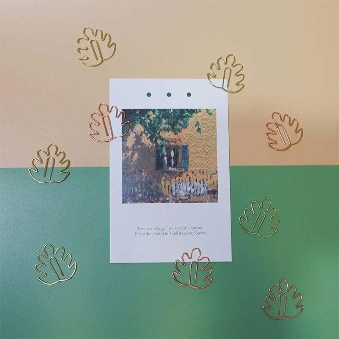 OWLFAVO 36pcs Monstera Shape Paper Clips with Clear Box, Rose Gold and Yellow Gold, Funny Cute Paperclips Bookmarks Planner Clips for Fun Office Supplies School Gifts Wedding Decoration