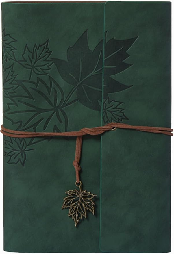 Leather Writing Journal Notebook,Classic Spiral Bound Notebook Refillable Diary Sketchbook Gifts with Unlined Travel Journals to Write in for Girls and Boys(Leaves,A6/Dark Green)
