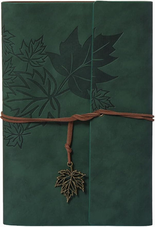 Leather Writing Journal Notebook,Classic Spiral Bound Notebook Refillable Diary Sketchbook Gifts with Unlined Travel Journals to Write in for Girls and Boys(Leaves,A6/Dark Green)