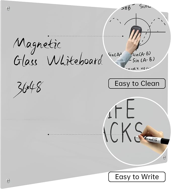 Magnetic Glass Dry Erase Board - White Board 48 x 36 Inch Wall Mounted Glass Whiteboard, Large Frameless Glass White Board for Wall Office, Home & School, Gray