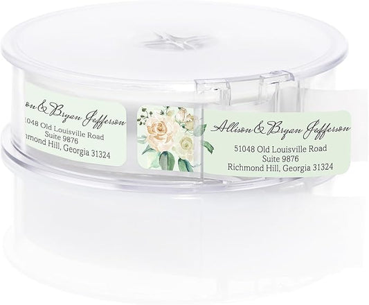 Green Watercolor Floral Rolled Address Labels / 250 Personalized Return Address Labels/Designer Address Stickers in Elegant Plastic Dispenser