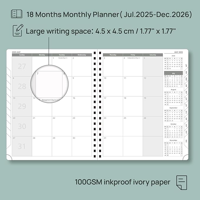 POPRUN Monthly Planner 2025-2026 Spiral Bound (8.5'' x 10.5'') 18 Months Calendar (Jul 2025 - Dec 2026) - 4 Pages per Month with Monthly Expense & Notes, Sunday Start, Leather Cover - Green