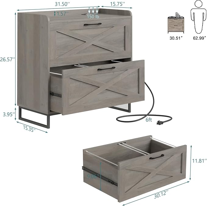 Lateral File Cabinet 2 Drawer File Cabinet with Charging Station for Legal/Letter/A4 Size Hanging Files, Modern Farmhouse Large Wood File Storage Cabinet for Home Office Furniture(Washed Gray)