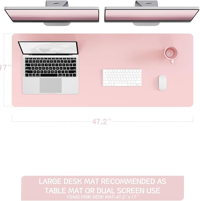 YSAGi Non-Slip Leather Desk Pad Long Size, Waterproof Laptop Computer Desk Keyboard Mat, Table Protector Blotter Mat, Large Mouse Pad for Office/Work/Home/Decor(Pink, 47" x 17")