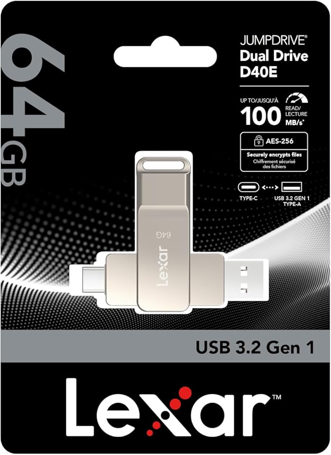 Lexar D40E 64GB Dual USB 3.2 Gen 1 Type-C Jump Drive, USB-C Flash Metal Housing Swivel Design Thumb Drive