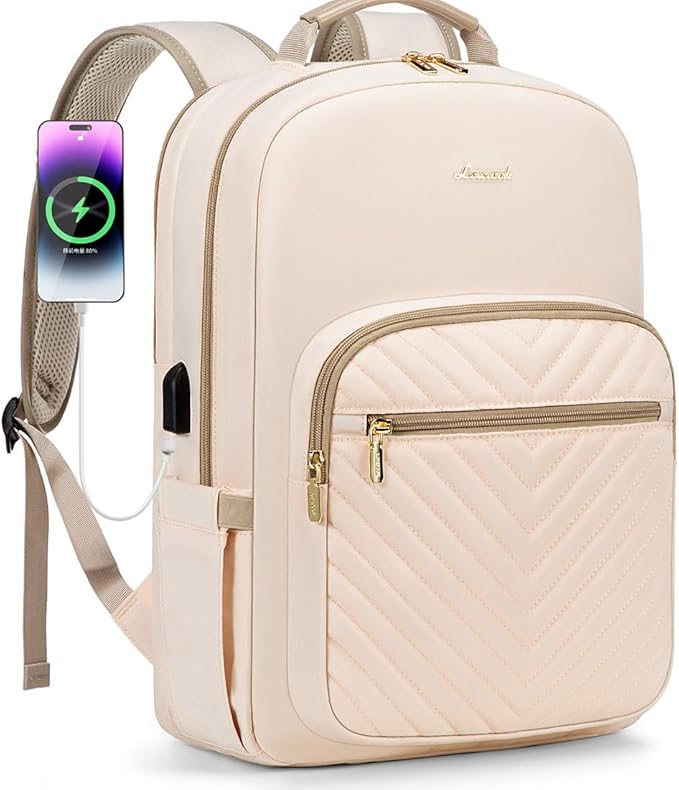 LOVEVOOK Laptop Backpack for Women 17.3 inch,Cute Womens Travel Backpack Purse,Professional Laptop Computer Bag,Waterproof Work Business College Teacher Bags Carry on Backpack with USB Port,Off-white
