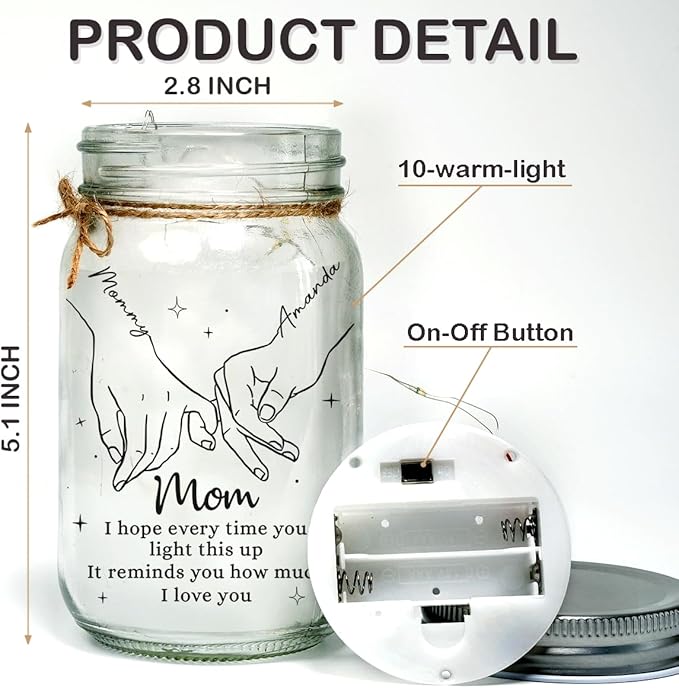 Mom, The Heart Of The Family Personalized Mason Jar Light, Mothers Day Birthday Gifts for Mom Grandma Sister Family, Mother Daughter Gifts for Her, Centerpiece Table Decorations