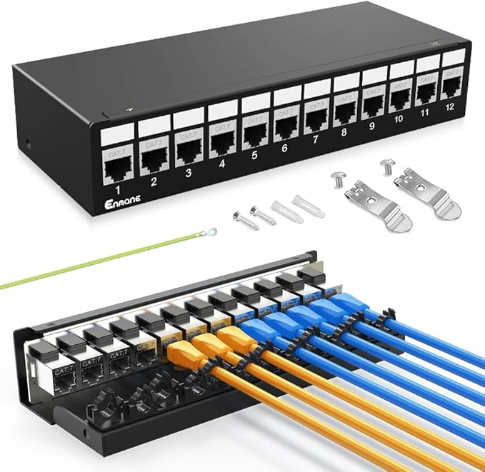12Port Patch Panel CAT7 Keystone Patch Panel Shielded Network Patch Patch with Smart Cable Management for Home/Office Network (1U 12Port, CAT7)