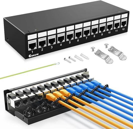 12Port Patch Panel CAT7 Keystone Patch Panel Shielded Network Patch Patch with Smart Cable Management for Home/Office Network (1U 12Port, CAT7)