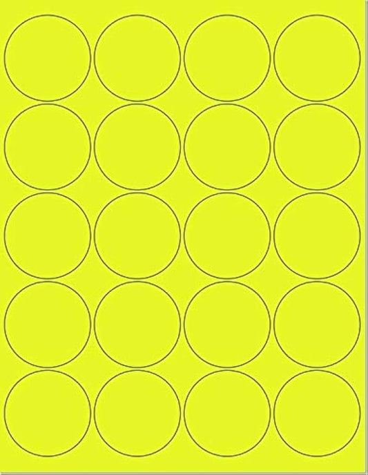 Pack of 50 Sheets, 8-1/2 x 11" Fluorescent Labels for Laser & Inkjet Printer Yellow Fluorescent, (2" Round - 20 Per Sheet, 1000 Label)