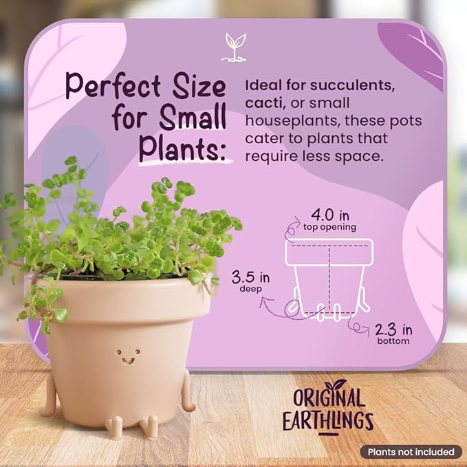 Original Earthlings Legs Out Pot - 3.5 Inch Cute Plant Pot - Plastic Funny Planter with Drainage, Unique Cactus Plant Lover Gift, Succulent Face Flower Pot, Desk Plant, Table Top Decor, & Home Gifts