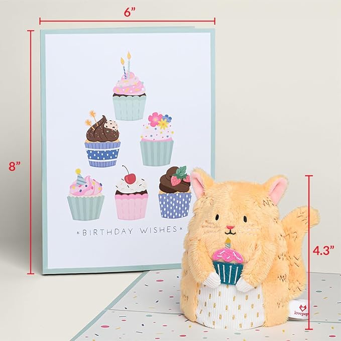 Lovepop Plushpop Soft Animal Pop-Up Card for Her and Him - 3D Birthday Greeting Card for Boys, Girls, Men, Women - Cupcake Cat - 6" x 8" Card