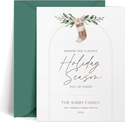 Personalized Stationery for Women & Men, A2 Family Christmas Cards Set, Stocking & Greenery Personalized Note Cards with Envelopes, Holiday Stationery Set for Family - Boho Holiday Flat