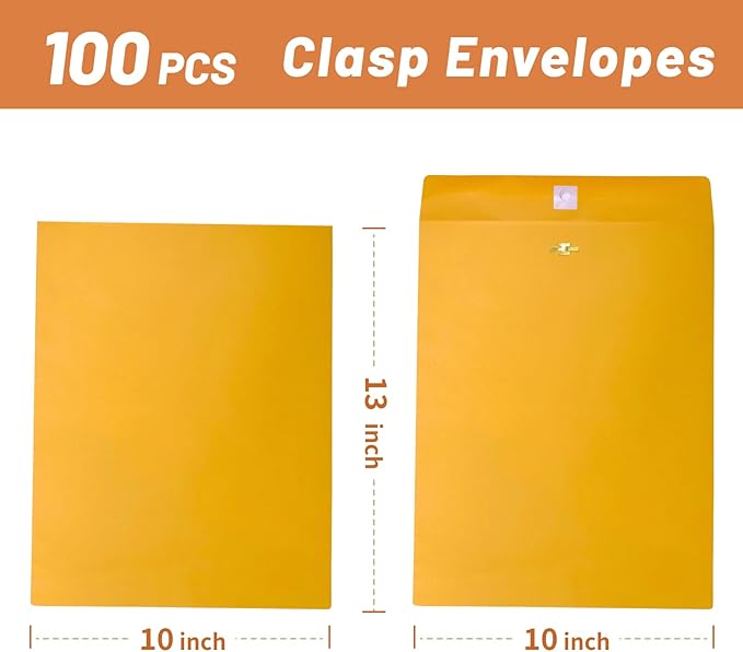 Manila Clasp Envelopes 10x13 100 Pcs, Creebe Large Brown Yellow 10 x 13 Envelopes with Clasp and Gummed Seal for Mailing, 100 GSM Kraft Paper